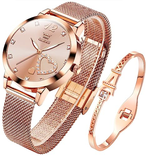 OLEVS Damenuhr Roségold mit Herz Diamant Rosa Gesicht Armbanduhr wasserdicht Armreif Armband Set Armbanduhren für Damen