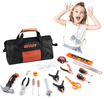 Difflife 18-Piece Hand Tool Set Kids Real, Tool Kit with Storage Bag for Boys, Girls, Children DIY Building and Woodworking, Age 8+ Tool Set-18 Piece