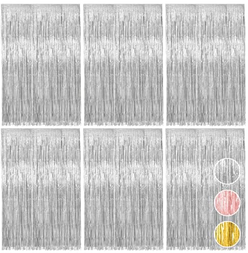 Vaktop 6 Stück Lametta Vorhang Silber, Glitzervorhang Lametta, Glitzer Party Vorhang, Folien Fransen Hintergrund fur Party Deko Geburtstagsdeko Hochzeit Festivals Bühnendekor (1m x 2m)