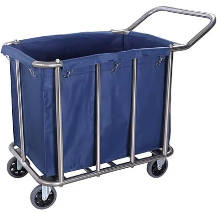 Carro de Limpieza Profesional Cesta Ropa Sucia con Ruedas de 6 y Reposabrazos de Acero Inoxidable y Tela Oxford Carro de Lavandería Industrial(Blue)