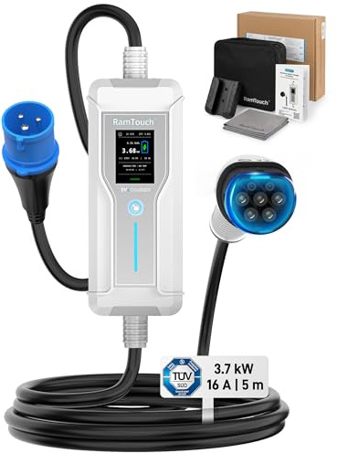 RamTouch Mobil Elbilsladdare (3,7 kW, 16 A, 5 m, Blå CEE 16 A till Typ 2) | 1-fas | IP67 | 6–16 A | Timer & startfördröjning | 2,4 LCD | AC/DC RCD | Mode 2-laddkabel / Mobil Laddbox | för EV & PHEV