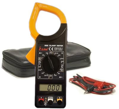 Pinza amperimétrica profesional, medición de corriente alterna y continua, rango hasta 600A, ideal para diagnóstico eléctrico y mantenimiento.