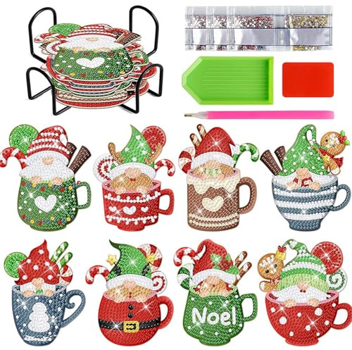 FYting 8 Pezzi Diamond Painting Bambini,Sottobicchieri,Diamond Painting Kit Completo,Sottobicchieri da Dessert Natalizi a Forma di Tazza Fai Da Te, Omino di Pan di Zenzero,Natale (Babbo Natale)