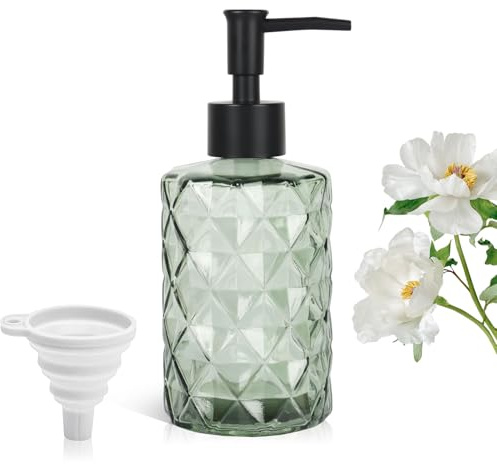 11 oz Glas Seifenspender Grün mit Trichter, 330ml Handseifenspender mit Kunststoff Pumpe, Nachfüllbarer Lotionspender für Badezimmer und Küche, Duschgel Shampoo Spender, Flaschen Seifenspender Set
