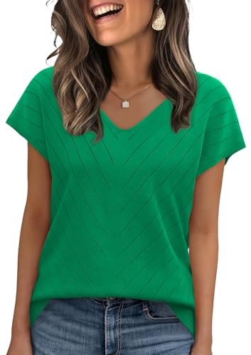 WIHOLL Short Sleeve Sweater for Women Trendy Womens Tops 2026 Summer V Neck T Shirts Cap Sleeve Beach Fashion Travel Outfits Vacation Clothes Ladies Tops Dressy Casual Lightweight Sweaters Green M