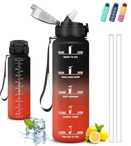 Borraccia 1 litro, Borraccia con Cannuccia, Senza Perdite, Borraccie Motivazionale, Facile da Pulire, Borraccie Graduata, Con Slogan Motivazionale, Borracce per Fitness, Campeggio, Escursionismo, Yoga