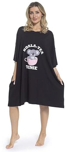 GM Apparel Women’s Baggy Nighty Nightgown Loungewear Sleepwear Night Dress Oversized T Shirt Ladies Nighties Short Sleeved 100% Cotton Nightshirts Night wear With Pockets (Black Koala Tea)