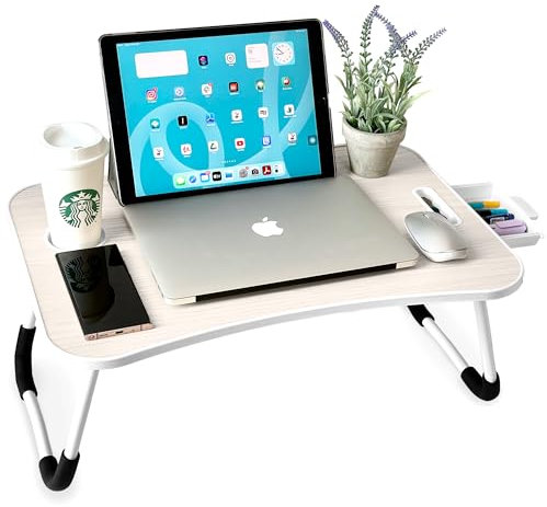 unycos - Bandeja para Cama, Mesa Plegable de Desayuno, Ideal para Portátil, Ordenador y Libros, Ergonómica, Mesa Auxiliar con Atril para Leer en la Cama 60x40x26 cm (Blanco Hueso con Cajón)