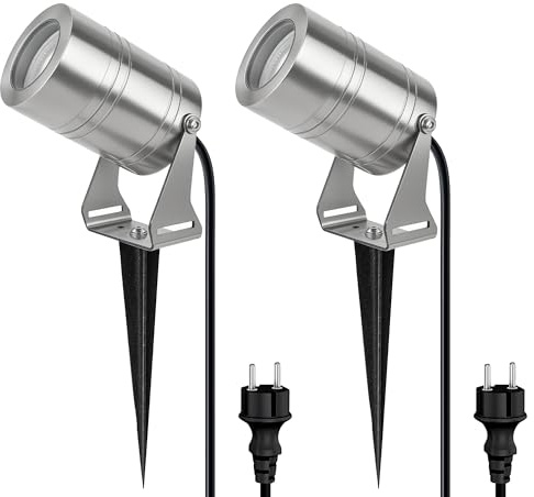 JNR 2 Pack Edelstahl Gartenstrahler LED Strahler Außen Wasserdicht IP65 Wasserdichte, Gartenleuchten mit Strom 5W GU10 3000K Warmweiß Glühbirne, 2m Kabel mit Stecker Gartenbeleuchtung, Silber