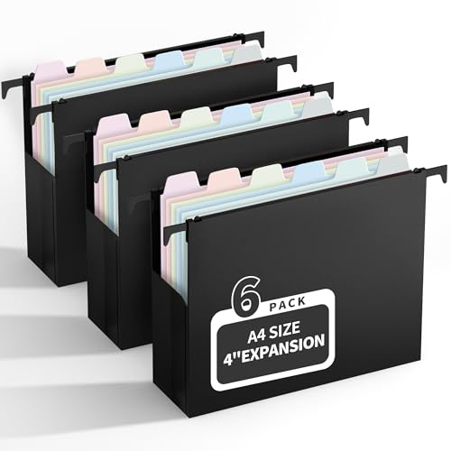 Uquelic Cartelle sospese formato A4, confezione da 6 cartelle sospese, capacità extra con linguette e divisori colorati Macaron, espansione da 10 cm, cartelle sospese in plastica, per scuola, casa e