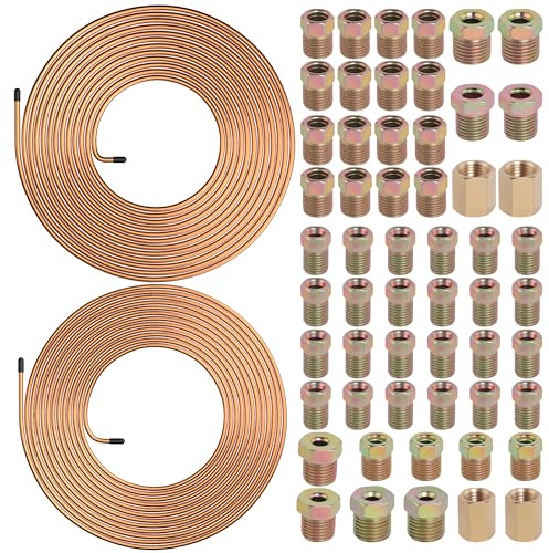 Ailbiuko 2 Sets 25 FT 3/16 1/4 Brake Line Tubing Assortment Kit with 60 Pcs Brake Line Fittings(3/8 Inch-24 Threads,7/16 Inch-24 Thread Nuts and Unions,1/2 Inch-20 Thread,9/16 Inch-18 Thread Nut)