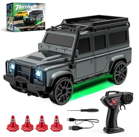BlocteckToy Coche todoterreno a control remoto de escritorio, escala 1/64, 2.4G, 4WD, motor sin escobillas, mini auto de deriva RC todoterreno con doble velocidad y luces LED, regalos de cumpleaños de