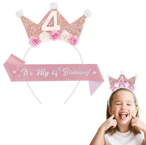 Clyhon 4 Años Corona de Cumpleaños para Niña y un Cinturón de Cumpleaños, Rosa, Princesa, Decoración Cumpleaños