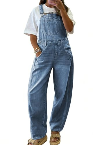 chouyatou Women's Baggy Adjustable Strap Denim Bib Overalls Barrel Jeans Casual Loose Wide Leg Denim Pant Jumpsuits (Small, Blue)