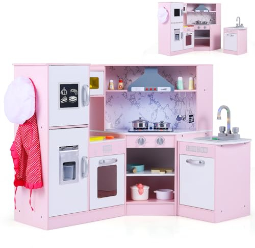 RELAX4LIFE Cucina Giocattolo per Bambini, Cucina Lussuosa in Legno con Effetti Luminosi e Sonori, Forno, Microonde, Macchina del Ghiaccio Lavastoviglie e Lavagna, Regalo per Bambini 3+ Anni (Rosa)