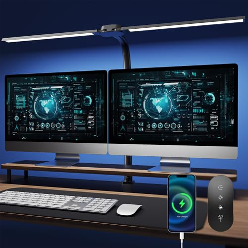 Nevoke Schreibtischlampe LED Dimmbar - 1400LM 24W Doppelkopf Klemmbar Büroschreibtischlampe mit Fernbedienung, 80CM Schwanenhals Schreibtisch Lampe Tageslichtlampe mit Ladefunktion, Schwarz T01