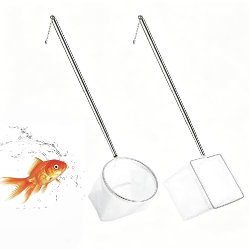 2 Pcs Aquarium Fish Net, Extendable Long Handle Fine Mesh Small Fish Nets, Square & Round Shapes Aquarium Accessories for Fish Tank, Bettas and Shrimp