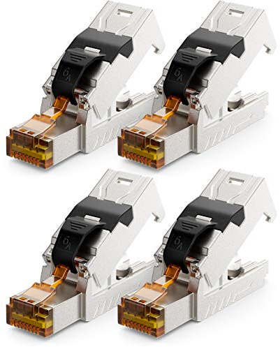 deleyCON 4x RJ45 Stecker 10 Gbit/s Werkzeuglos Schneidklemme LSA für LAN Ethernet Verlegekabel - für Netzwerkkabel CAT6a CAT7 CAT7a CAT8 PoE Kabel Geschirmt Metallgehäuse