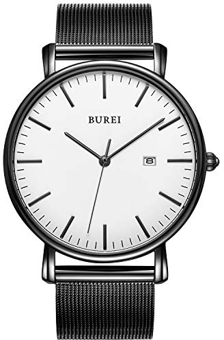 BUREI Relojes de Pulsera para Hombre, Relojes analógicos mínimos de Cuarzo para Hombres con Correa de Malla, Regalos para Hombres, Blanco, Pulsera