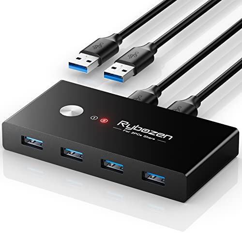 Rybozen 4 Puertos USB 3.0 Switch, USB KVM Conmutador 2 Entradas y 4 Salidas con 2 Cable USB para Compartir Teclado, Ratón, Disco Duro, Impresoras, Escáneres