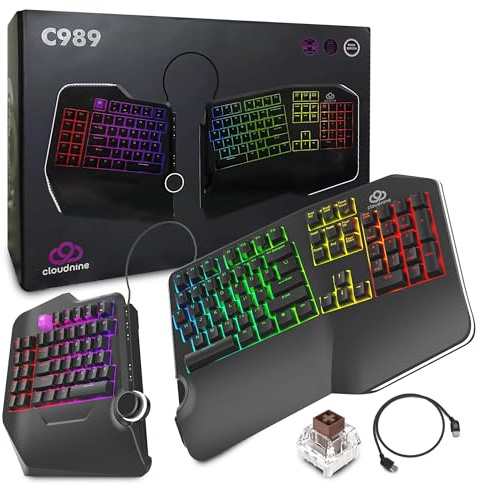 Cloud Nine C989M Ergonomic Mechanical Keyboard for PC - Kailh Tactile Brown Switches - RGB Light Up LED Backlit with USB - Ergo Split Key Board with Macro