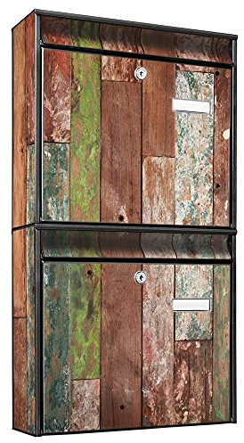 banjado Briefkastenanlage 2 Fach - 2 Briefkästen 36x64x10cm groß - Doppelbriefkasten Set - Namensschild, 2 Schlüssel, Montagematerial - Stahl verzinkt schwarz - Motiv Buntes Holz