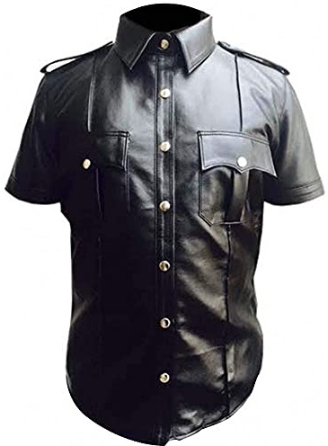 UbAli Camisa de Cuero Real para Hombre de Vaca y Oveja con Manga Corta, Camisa de Uniforme Policial, Camisa BLUF para Hombres Gay, Camisa de Cuero de Cordero Caliente, S