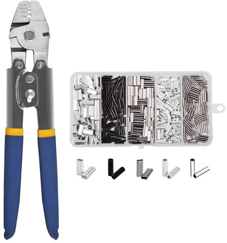 OROOTL Kit di strumenti di crimpatura da pesca, pinze per crimpatura da pesca con 500 manicotti a crimpare in acciaio inox, pinze per crimpare funi metalliche, in alluminio e ottone, set di sartiame