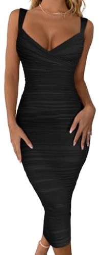 BEAGIMEG Women's Sexy Bodycon Sleeveless Ruched Mesh Club Party Midi Dress Black