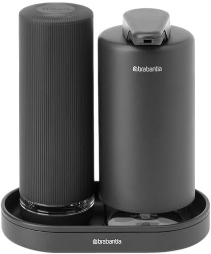 Brabantia - SinkStyle Soap Dispenser Set with 2 Stylish Dispensers for Hand and Dish Soap, Textured Tray, and Soap Squeezer – Mineral Infinite Grey, 2 x 200 ml