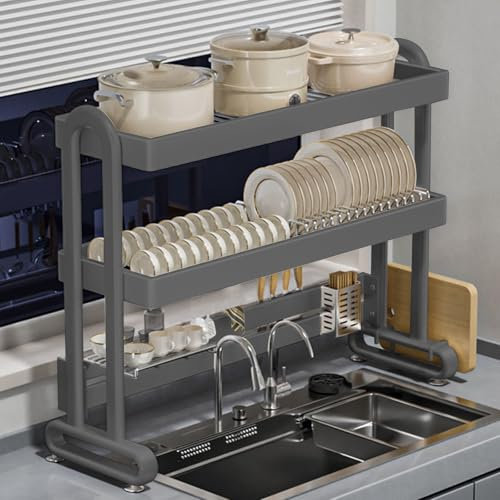Abtropfgestell mit 2 Ebenen, Großer Abtropfständer über der Spüle, erweiterbares Küchengeschirrgestell aus Edelstahl mit Mehreren Körben für 22 Schüsseln & 16 Teller - Grau, 34 L x 13 W 31 H