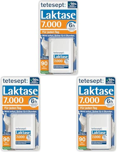 tetesept Laktase 7.000 – Laktasetabletten bei Laktoseunverträglichkeit – Nahrungsergänzungsmittel mit Sofortwirkung & 6h Langzeit-Depot – 1 Dose à 90 Stück (Packung mit 3)