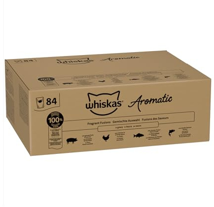 WHISKAS Aromatic Selection Multipack katt våt mat 1+, 84 x 85 g – 4 smaker: gris, kyckling, lax, havsfisk i sås