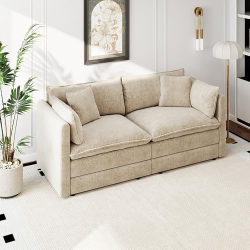 Aoowow Modular Sectional Sofa Modern Convertible Loveseat Couch,77.16 Inch Deep 2-Seater Sofas Comfy Chenille Cloud Sofas and Couches with Pillows for Living Room Apartment（Camel）