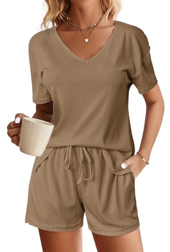 NLAND Löst sittande träningsoverall för kvinnor 2 delar sommardräkter hem kortärmad t-shirt och shorts sportdräkt mode V-ringad sportdräkt, Khaki, XL