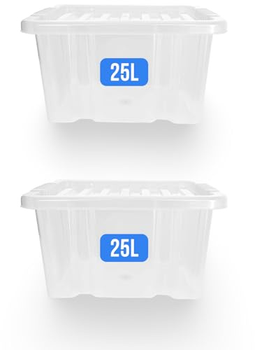 KAPCO 25l Storage Boxes with Lids, 2 Pack Clear Plastic Box Container for Clothes, Shoes, Office, Kitchen – Stackable Plastic Storage Boxes – Medium BPA Free Containers | Multipurpose Organiser Box