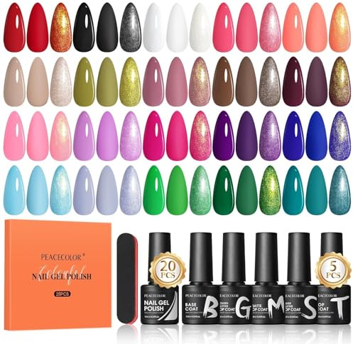 PEACECOLOR 25PCS Smalto Semipermanente Unghie - 20 Colori Rosso Bianco Nero Smalti Semipermanenti per Unghie, Base Top Coat Soak Off UV/LED DIY Nail Art Manicure Regalo