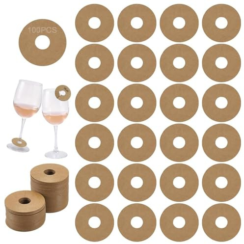 KSJEHW 100 Piezas Marcadores para Copas de Vino de Papel Kraft, Etiquetas para Botellas e Identificadores de Vasos Personalizables para Fiestas, Bodas y Catas, 250g, Diámetro 5cm