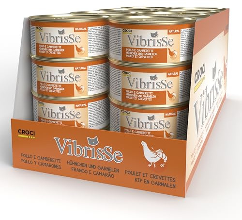 Croci Vibrisse Cibo umido per gatti a base di Pollo e Gamberetti, alimento naturale senza coloranti e conservanti, 24 lattine da 70 g