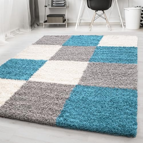 Carpetsale24 Hochflor Teppich Shaggy kariert 80x150 cm Blau, weich & flauschig, modernes Karo Design, rechteckig, ideal für Flur oder Kinderzimmer, stilvoll & gemütlich