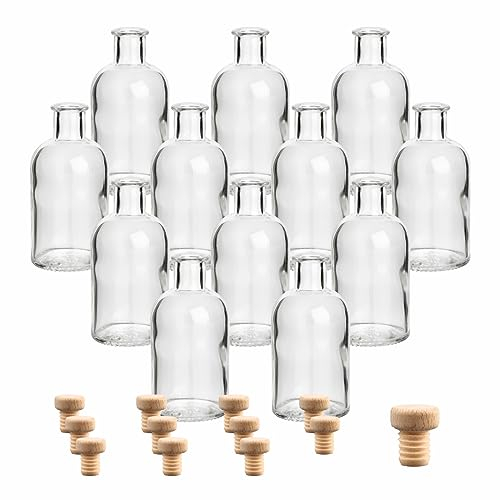 gouveo Set di 12 Bottiglie di Vetro 100 ml Design Farmacista Rotonde con Tappo in Sughero (HGK) - Piccola Bottiglia di Vetro da 0,1 l per Liquore, Olio, Aceto, Decorazione (AFRT100HGK)