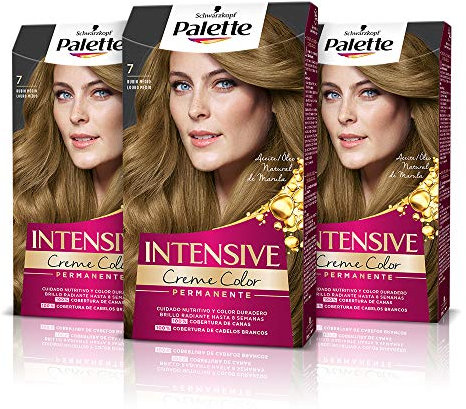 Palette Intensive Creme Color 7-0 Rubio Medio, tinte de pelo permanente con aceite de macadamia y almendras, cubre el 100% de las canas y raíces, para un color radiante, Pack 3