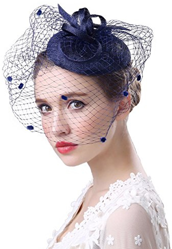 FakeFace Fascinator Hüte 20er 50er Jahre Hut Haar Clip Accessoire Haarreif Kopfbedeckung mit Schleier Cocktail Tea Party Hochzeit Kirche Haarschmuck Kopfschmuck, M, Dunkelblau
