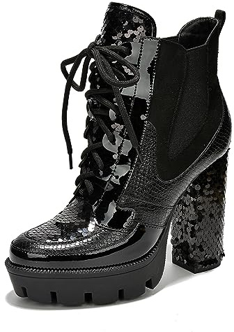 Cape Robbin NELL CHUNKY BLOCK HIGH HEEL PLATFORM SEQUIN LACE UP BOOTS BLACK