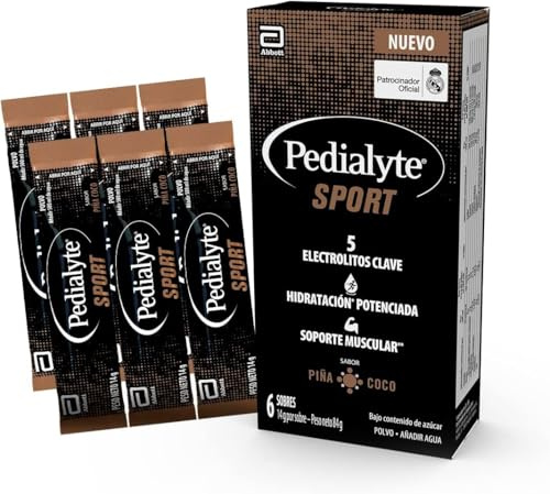 Pedialyte Sport - Bebida con sabor a Piña Coco, Hidratación Potenciada, Contiene 5 electrolitos clave como Magnesio, Sodio y Potasio, 6 sobres de 14g