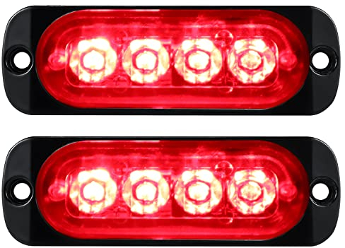 Willpower 2pz Ultra Sottile Luce Stroboscopica di Emergenza 4LED Rosso Pericolo Lampeggiante Luci 12V 24V 18 Modalità Spia Luminosa IP67 Luci di Recupero per Camion Rimorchi Auto Camper Fuoristrada