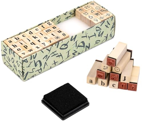 Toptime Buchstaben Stempel, 40 Stück Stempel Set- Kleinbuchstaben und Symbole mit Stempelkissen, Holzstempel mit Aufbewahrungsbox, Alphabet Stempel für Scrapbooking, Journaling, Kartenherstellung