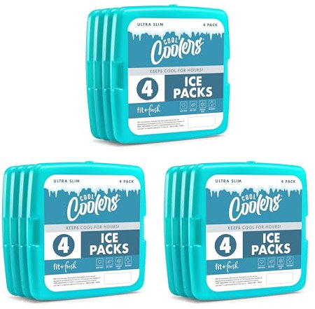 Cool Coolers by Fit + Fresh, Reusable & Long-Lasting Slim Ice Packs, Cold Packs for Lunch Boxes, Ice Packs for Lunch Bags, Green 12 Pack