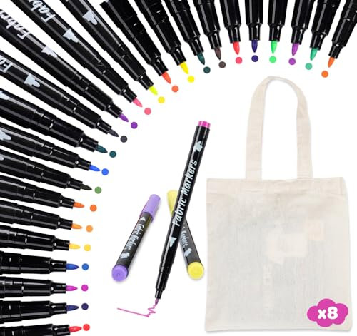 ABSOFINE 24 Textile Pens and 8 Fabric Bags Fabric Markers Fabric Pens Permanent for Clothes Tshirt Washing Resistant Textile Markers Fabric Paint Pens For Adults kids Crafts DIY Clothing