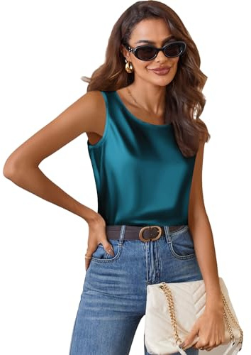 Zeagoo Top in Raso da Donna Elegante Canotta di Seta Basic Blusa con Scollo Rotondo Top Casual Senza Maniche Verde M